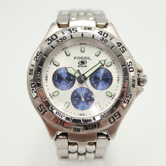 Fossil Blue Panda 40mm Watch 24 Hour Calendar Steel Bracelet BQ8775 New Battery - Picture 5 of 12